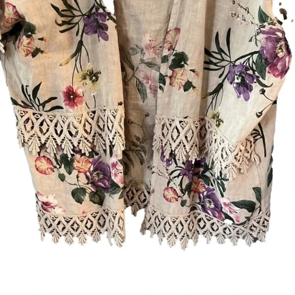 Pure linen beautiful cream floral kimono type shirt one size fits most - Picture 3 of 6